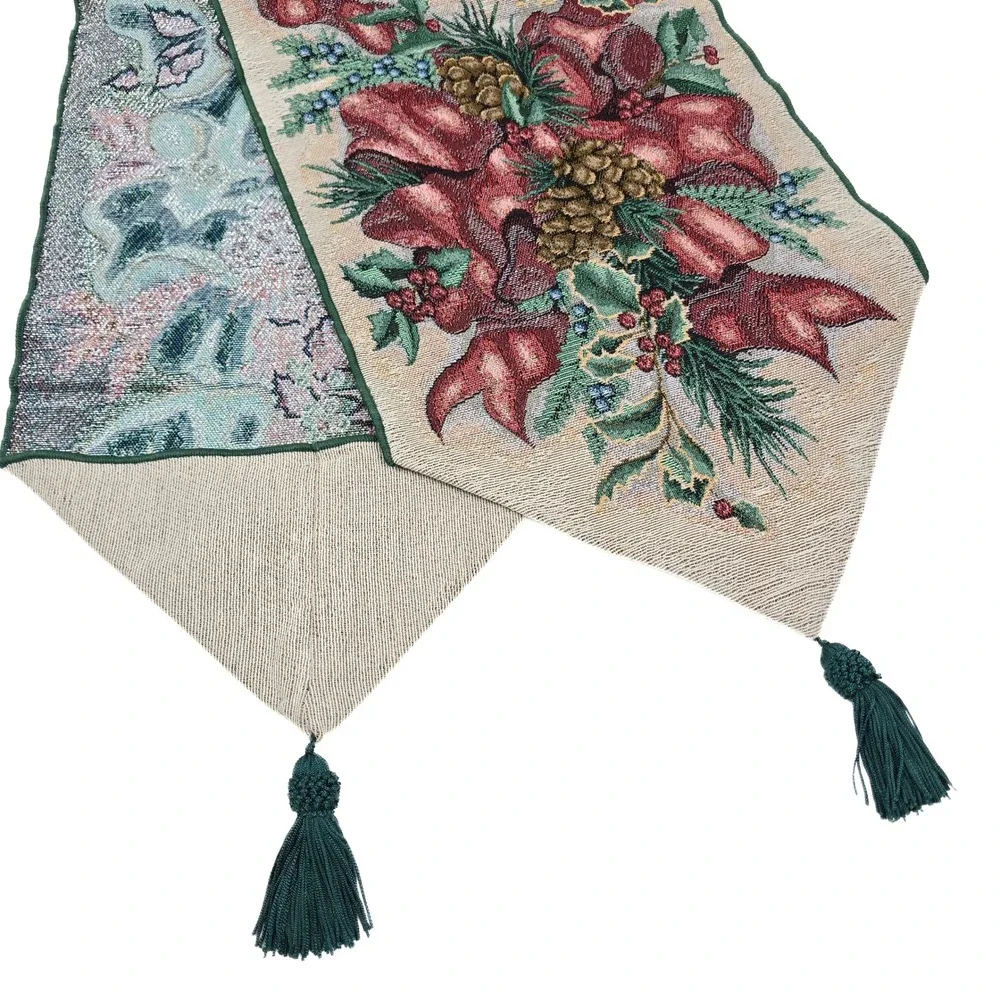Christmas Woven Tapestry Table Runner Poinsettia Pinecone Tassel Green Red 70in